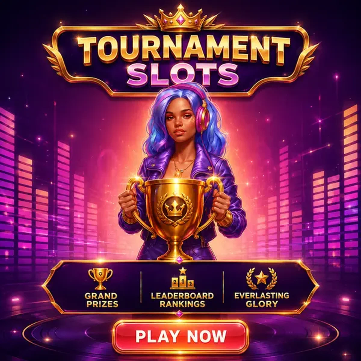 Mistrz turnieju trzyma złote trofeum przy zwycięstwie w automatach Tournament-Eligible Slots and Seasonal Leaderboards