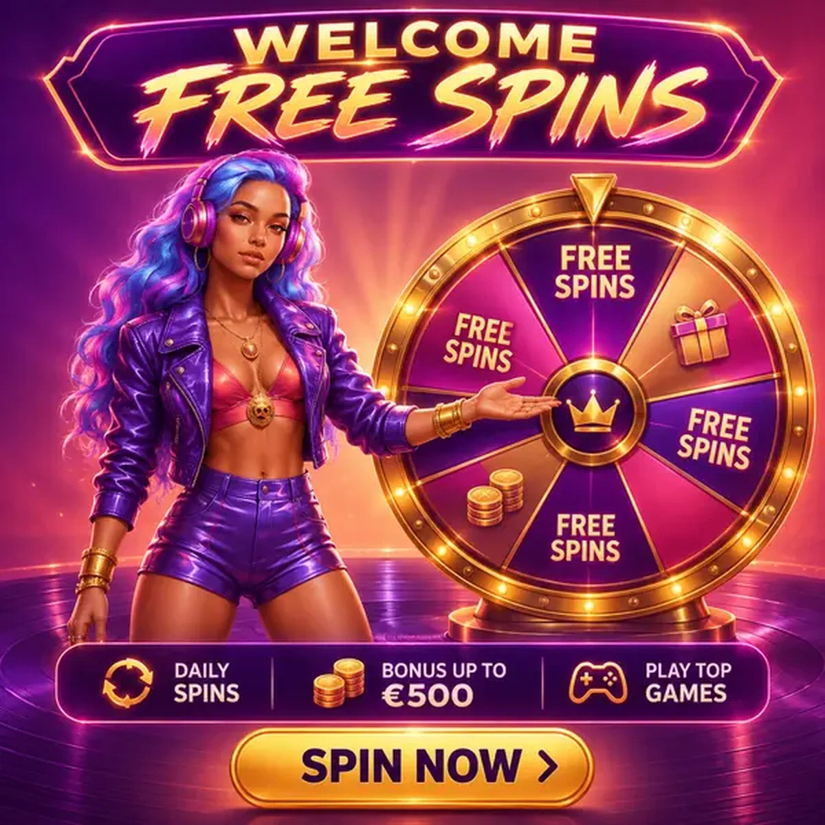 Beatkeeper gestykulujący w kierunku złotego koła nagród oferującego darmowe spiny przy Welcome Free Spins