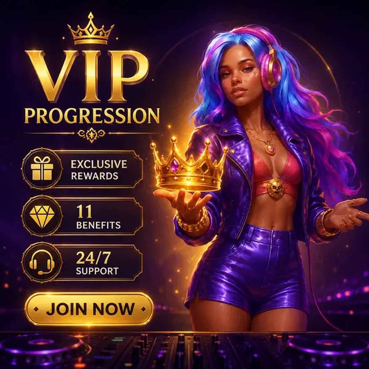 Beatkeeper prezentujący złotą koronę VIP przy portalu logowania Coolzino z fioletowym blaskiem