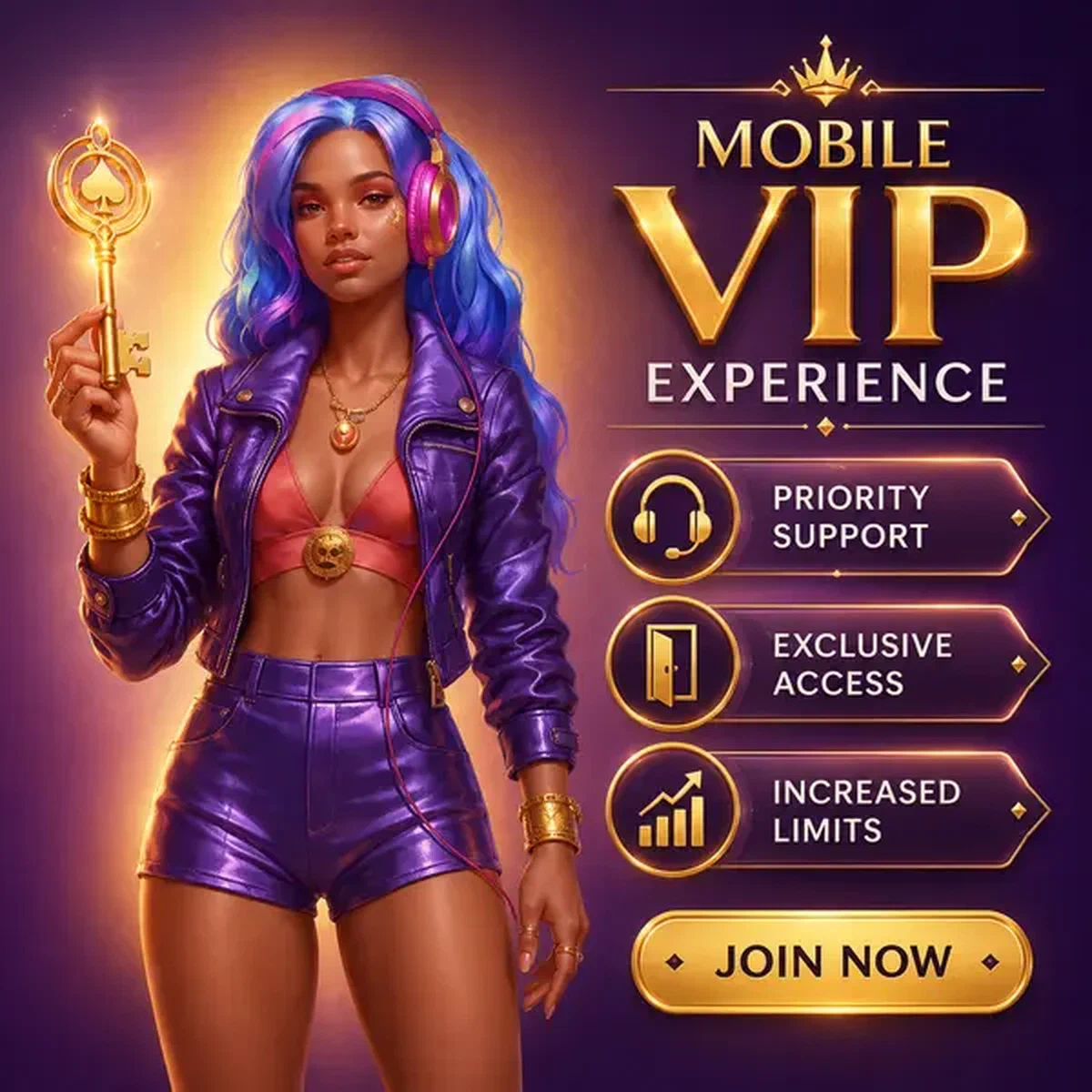Gracz VIP trzymający złoty klucz do ekskluzywnego dostępu Mobile VIP Experience na poziomach priorytetowych