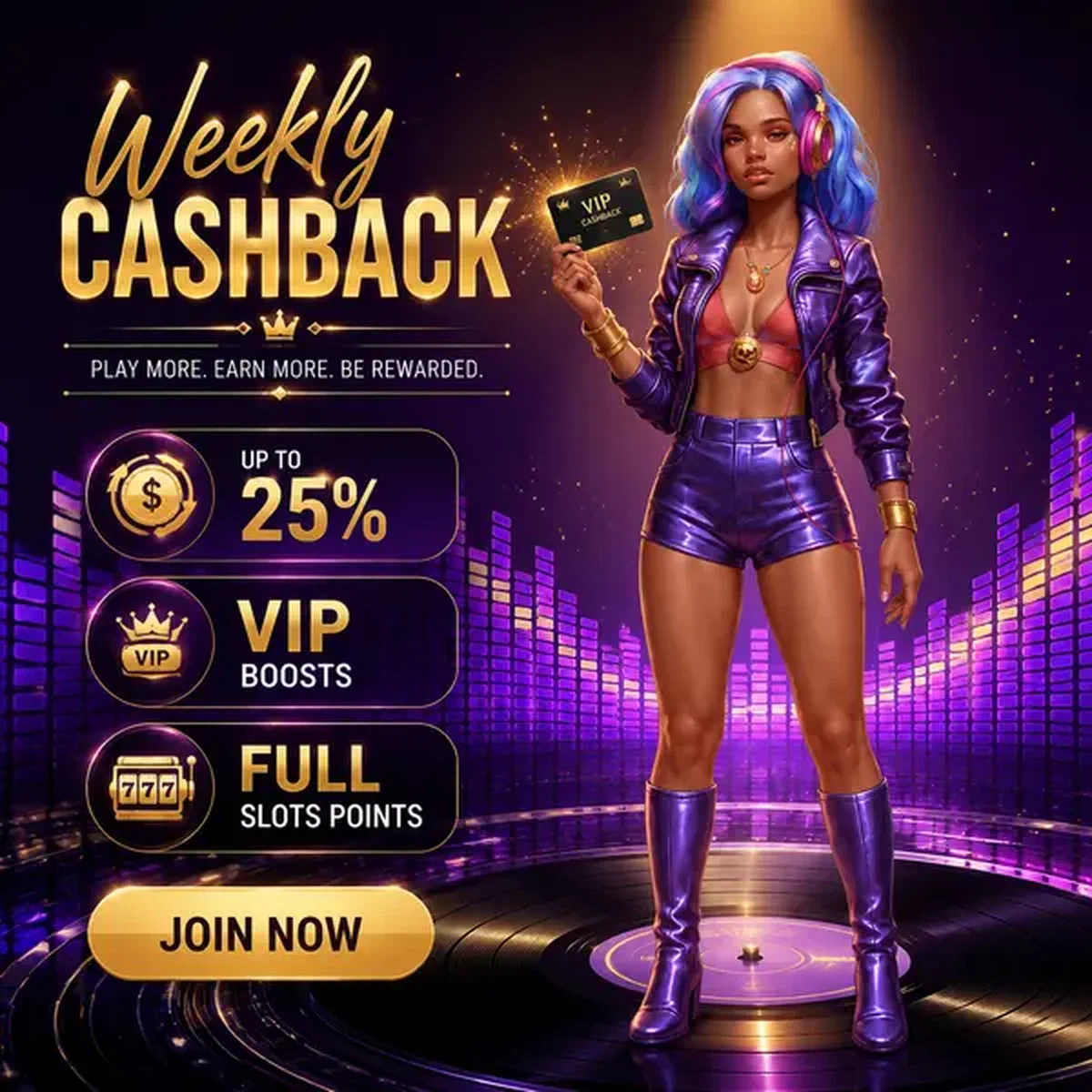 The Beatkeeper trzymający kartę VIP cashback przy grach automatowych Weekly Cashback ze złotymi nagrodami